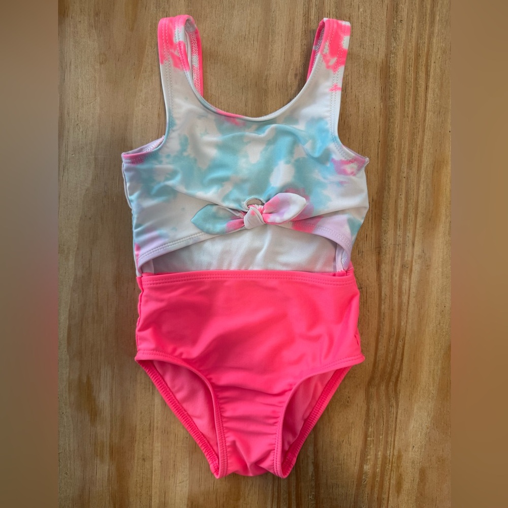Pastel Tie-Dye One Piece Swimsuit with Neon Pink Accents